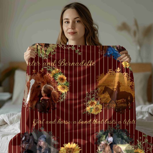 Aangepaste naam Foto Paard Pet Bourgondië Gestreep Fleece Deken