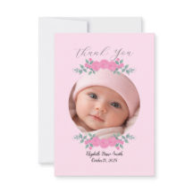Aangepaste naam foto, roze rozen baby bedank kaart