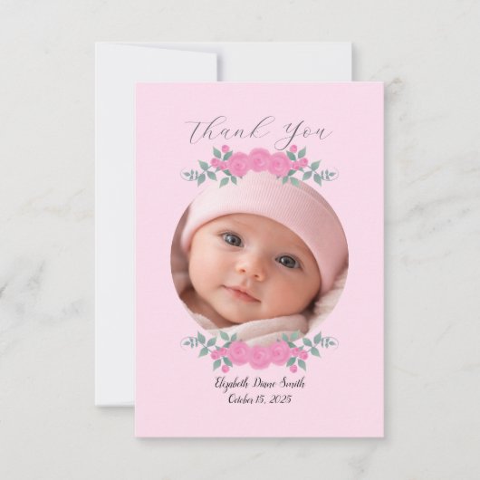 Aangepaste naam foto, roze rozen baby bedank kaart (Voorkant)