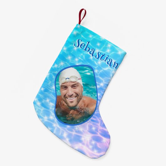 Aangepaste naam Foto Sparkling Water Ripples Zwemm Kleine Kerstsok (Voorkant (Hangend))