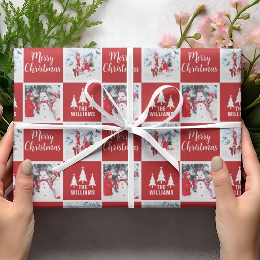 Aangepaste naam Fotopatroonrood kerst Cadeaupapier