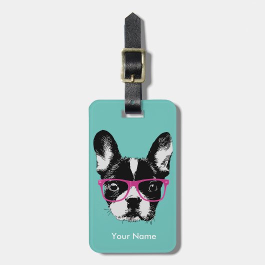 Aangepaste naam Franse Bulldog Hipster Bagagelabel (Voorkant verticaal)