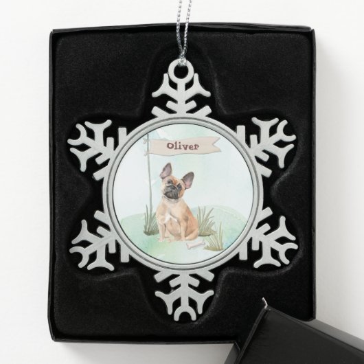 Aangepaste naam Franse Bulldog Pet Dog Tin Sneeuwvlok Ornament (Kistje)