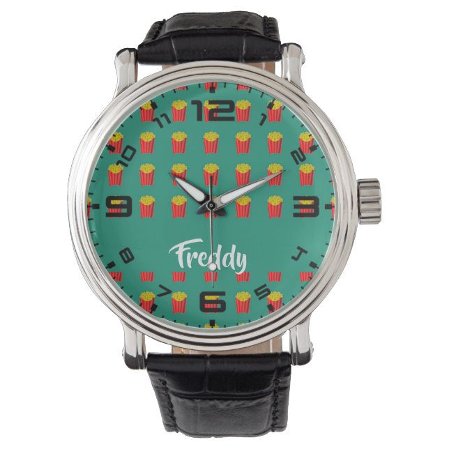 Aangepaste naam friet op blauwgroen horloge (Voorkant)