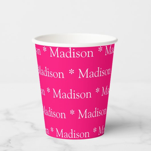 Aangepaste naam fuchsia heet roze wit patroon scha papieren bekers (Voorkant)