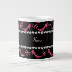 Aangepaste naam fuchsia roze glitter hoge hekken b grote koffiekop