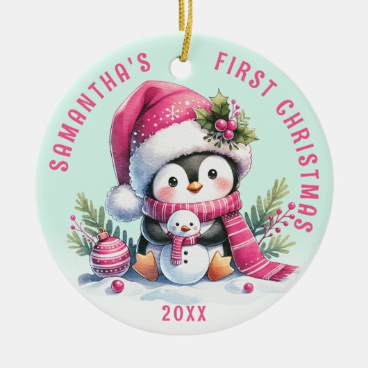 Aangepaste Naam Fun Penguin Roze Munt Eerste Kerst Keramisch Ornament (Voorkant)