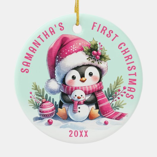 Aangepaste Naam Fun Penguin Roze Munt Eerste Kerst Keramisch Ornament (Achterkant)
