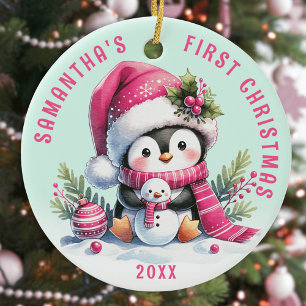 Aangepaste Naam Fun Penguin Roze Munt Eerste Kerst Keramisch Ornament