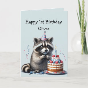 Aangepaste naam Fun Raccoon 1e Verjaardag Kaart