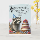 Aangepaste naam Fun Raccoon Verjaardagstaart Kaart (Gele Bloem)