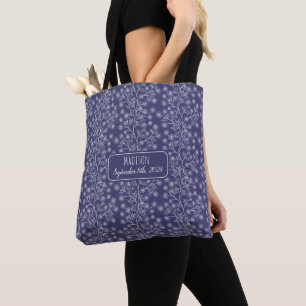 Aangepaste Naam & Geboortedatum Navy Blue Floral B Tote Bag