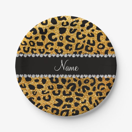 Aangepaste naam gele glitter cheetah afdruk papieren bordje (Voorkant)