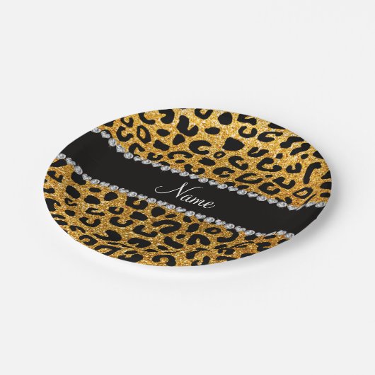 Aangepaste naam gele glitter cheetah afdruk papieren bordje (Gekanteld)