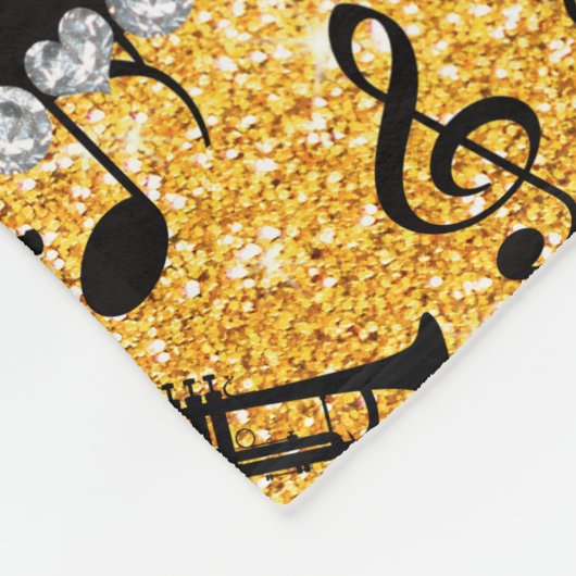 Aangepaste naam gele glitter trompets muzieknoten fleece deken (Hoek)