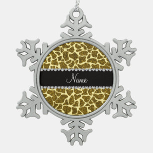 Aangepaste naam gele glittergiraffe tin sneeuwvlok ornament