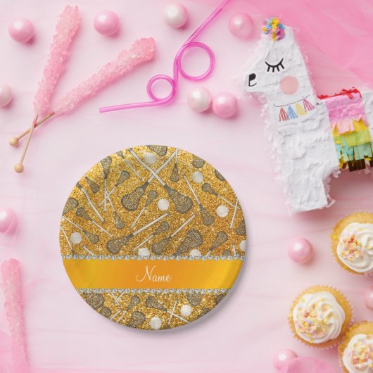 Aangepaste naam gele glitterlacrossesticks papieren bordje (Feest)