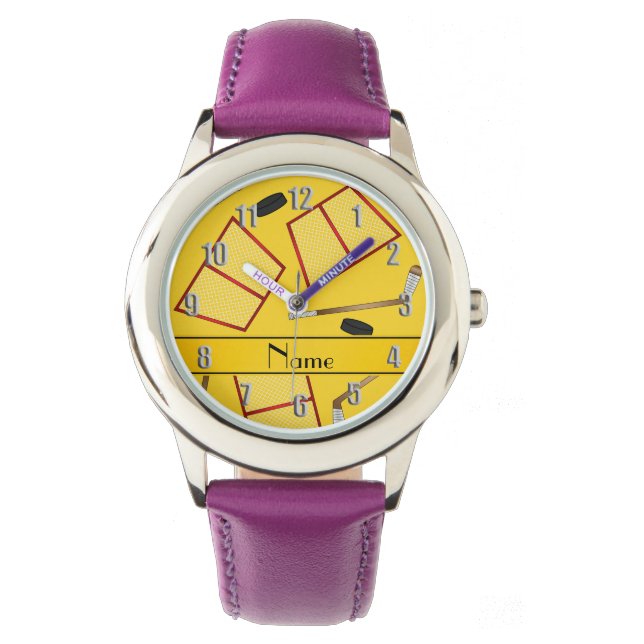 Aangepaste naam gele hockeysticks kieuwnetten horloge (Voorkant)