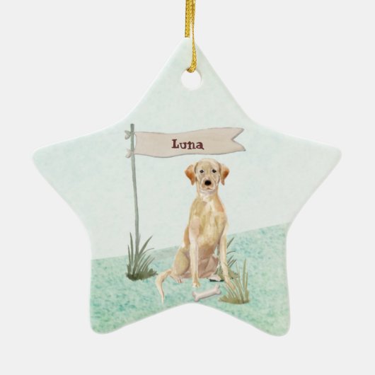 Aangepaste naam gele labdoosje keramisch ornament (Achterkant)