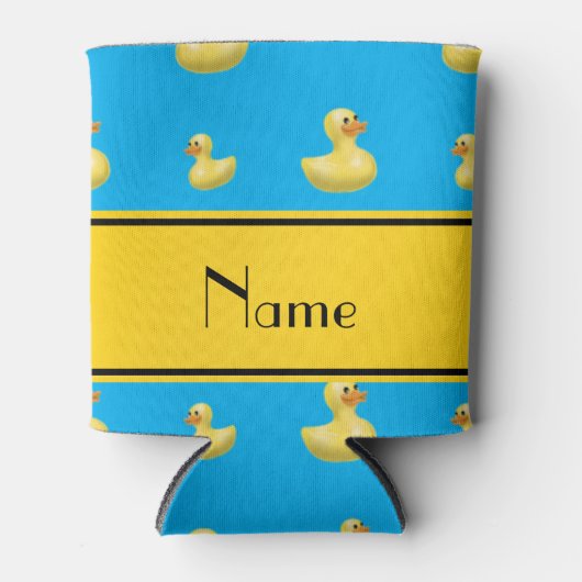 Aangepaste naam gele stripe hemelblauwe rubbereend blikjeskoeler (Voorkant)