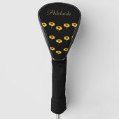 Aangepaste naam gele zonnebloemen op zwart golfheadcover (Voorkant)