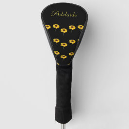 Aangepaste naam gele zonnebloemen op zwart golfheadcover