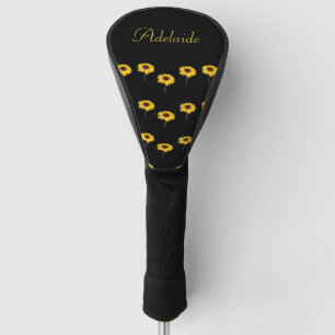 Aangepaste naam gele zonnebloemen op zwart golfheadcover