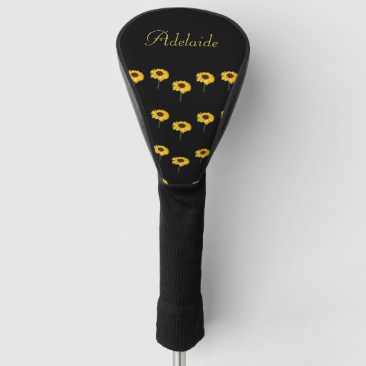 Aangepaste naam gele zonnebloemen op zwart golfheadcover (Voorkant)