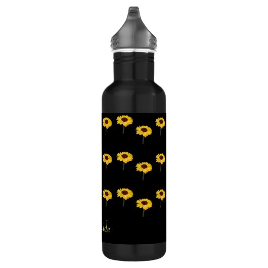 Aangepaste naam gele zonnebloemen op zwart waterfles  (Rechts)