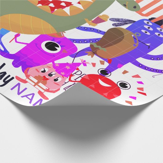 AANGEPASTE NAAM GELUKKIG MONSTER VERJAARDAG INPAKP CADEAUPAPIER (Hoek)