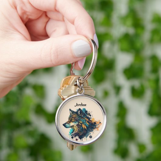 Aangepaste naam gepersonaliseerde gestileerde wolf sleutelhanger (Hand)
