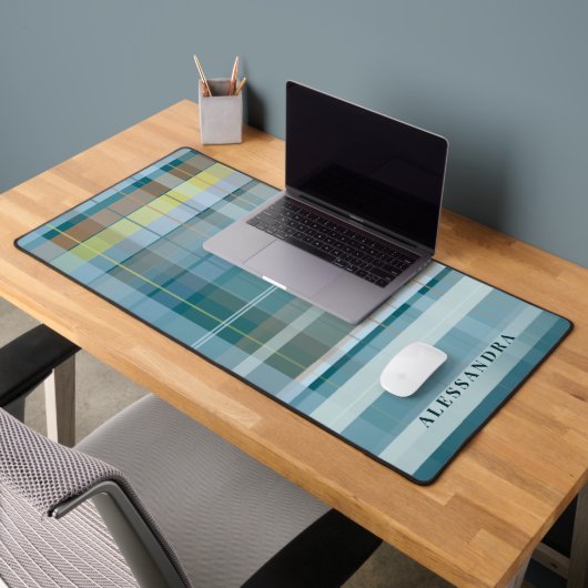 Aangepaste naam geruit blauw teal modern stijlvol  bureaumat (Kantoor 2)