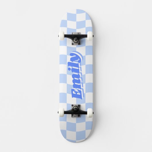 Aangepaste naam Girly Blue White Checker Patroon Persoonlijk Skateboard (Voorkant)