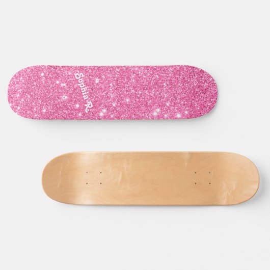 Aangepaste naam Girly Faux Pink Glitter Persoonlijk Skateboard (Horizontaal)