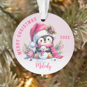 Aangepaste Naam Girly Penguin Roze Kerstmis Ornament
