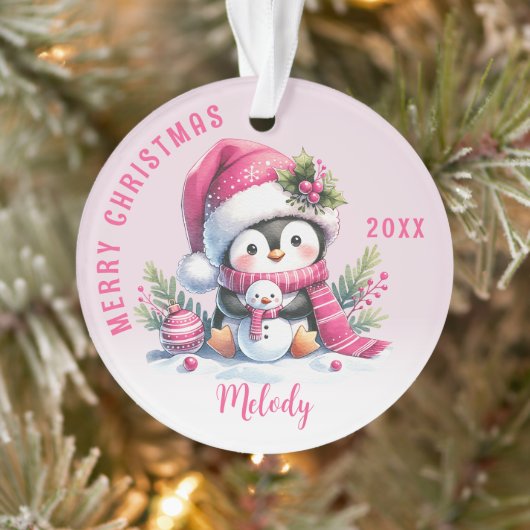Aangepaste Naam Girly Penguin Roze Kerstmis Ornament (Boom)