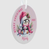 Aangepaste Naam Girly Penguin Roze Kerstmis Ornament (voorkant)