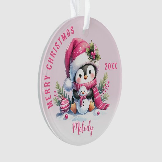 Aangepaste Naam Girly Penguin Roze Kerstmis Ornament (voorkant)
