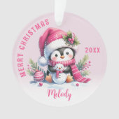 Aangepaste Naam Girly Penguin Roze Kerstmis Ornament (voorkant)
