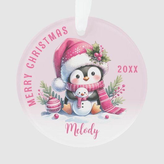 Aangepaste Naam Girly Penguin Roze Kerstmis Ornament (voorkant)
