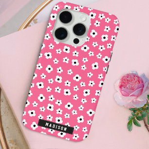 Aangepaste naam Girly Pink White Flower Pattern iPhone 15 Pro Case