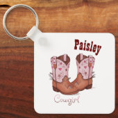 Aangepaste Naam Girly Schattige CowGirl Laarzen Ro Sleutelhanger (Voorkant)