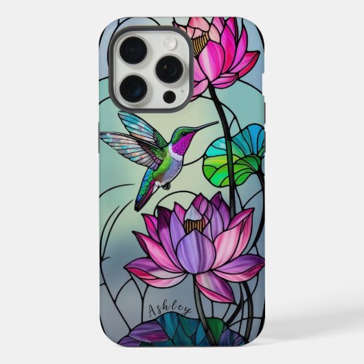 Aangepaste Naam Glas in lood Bloemen Hummingbird iPhone Hoesje (Achterkant)