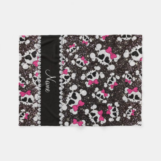 Aangepaste naam glitter black skulls roze bogen fleece deken (Voorkant (Horizontaal))