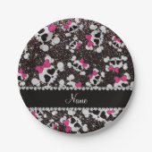 Aangepaste naam glitter black skulls roze bogen papieren bordje (Voorkant)