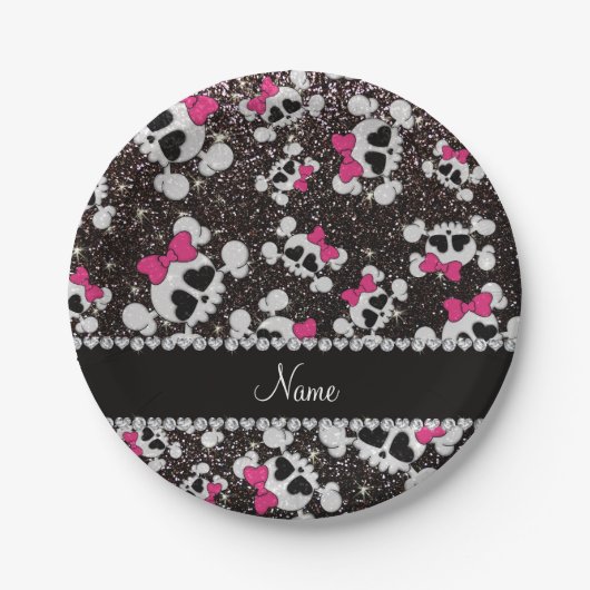 Aangepaste naam glitter black skulls roze bogen papieren bordje (Voorkant)