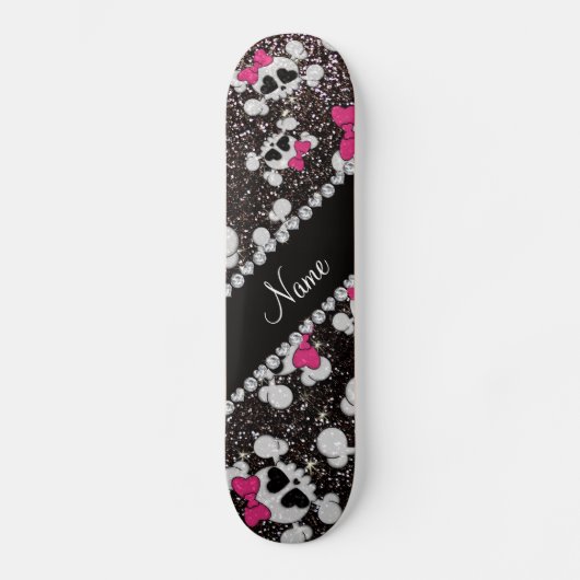 Aangepaste naam glitter black skulls roze bogen persoonlijk skateboard (Voorkant)