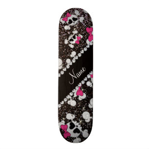 Aangepaste naam glitter black skulls roze bogen persoonlijk skateboard