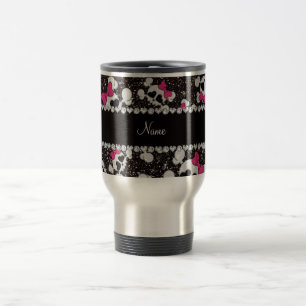 Aangepaste naam glitter black skulls roze bogen reisbeker