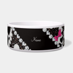 Aangepaste naam glitter black skulls roze bogen voerbakje